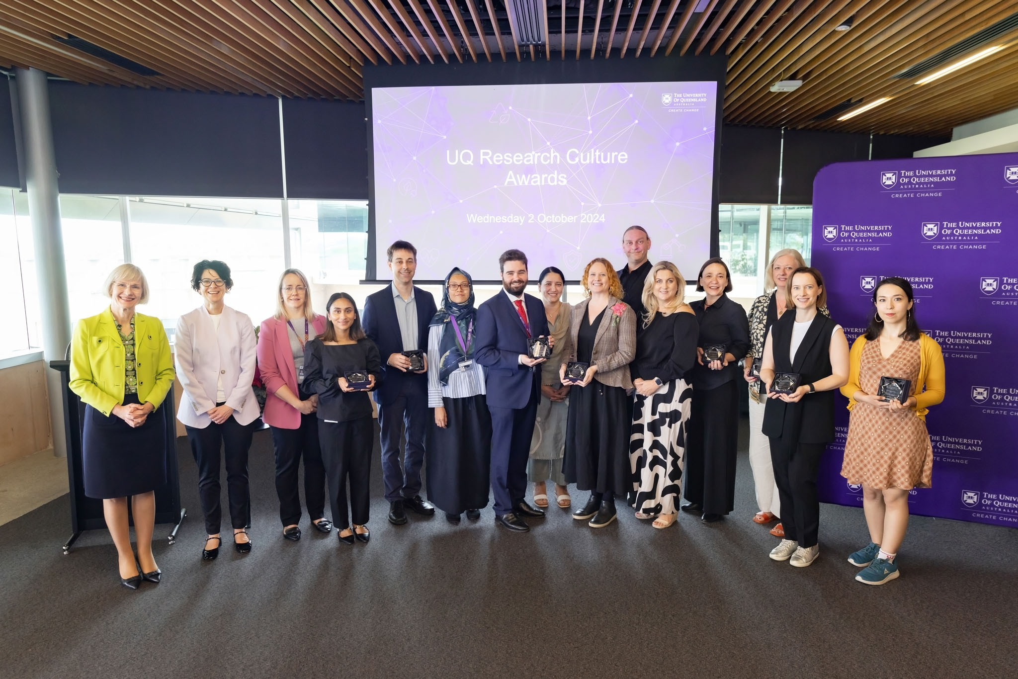 2024 UQ Research Culture Awards winners with Professor Deborah Terry AO, Vice Chancellor and President, and Professor Rachel Parker, Pro-Vice-Chancellor (Research)