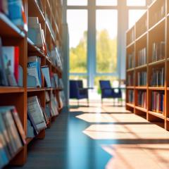 View of library shelves and window