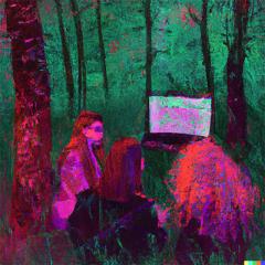 Artwork of 3 people in a forest setting, watching a screen.